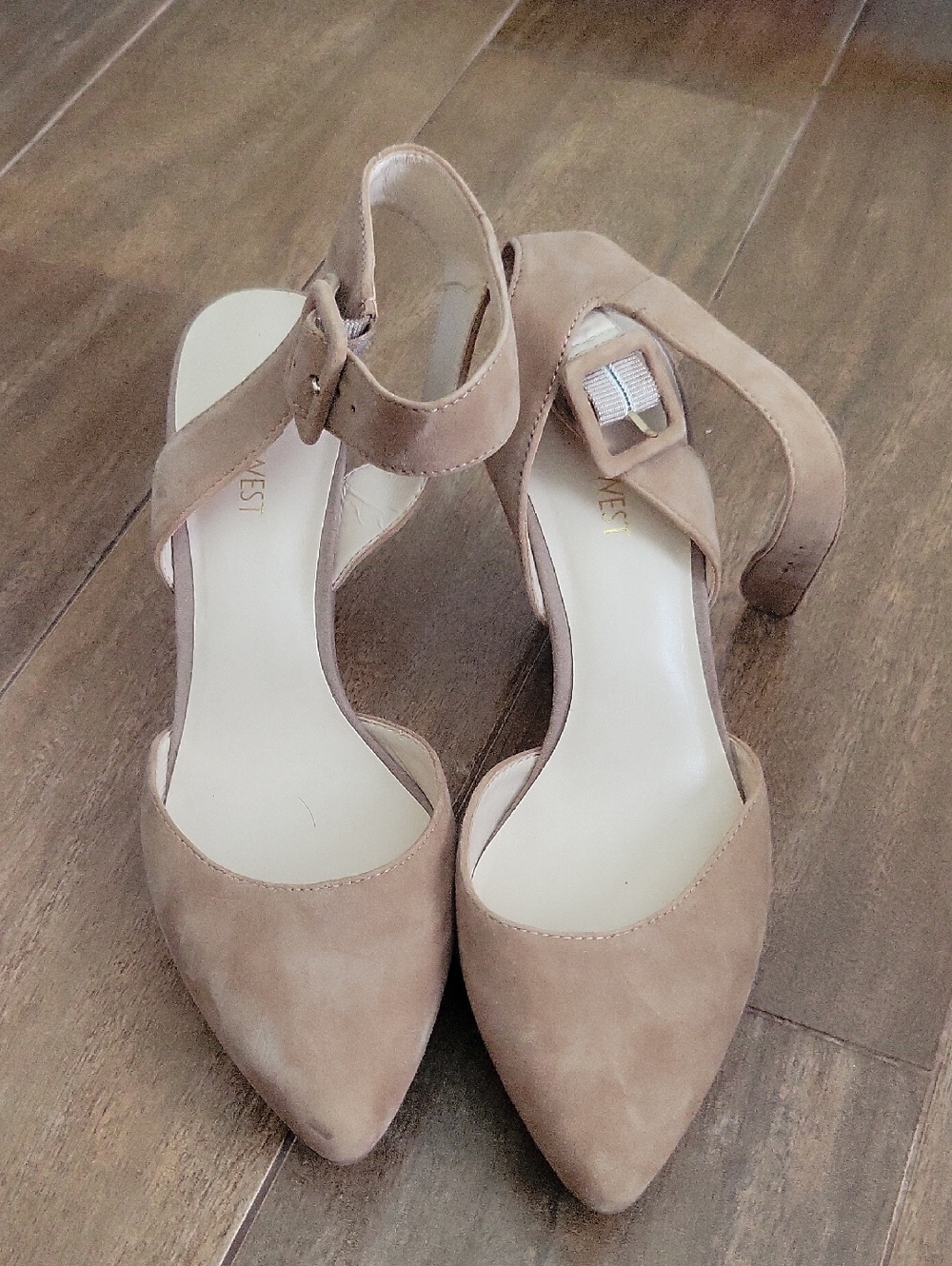 Nine West Taupe Suede Pointed-Toe Wedge Sandals